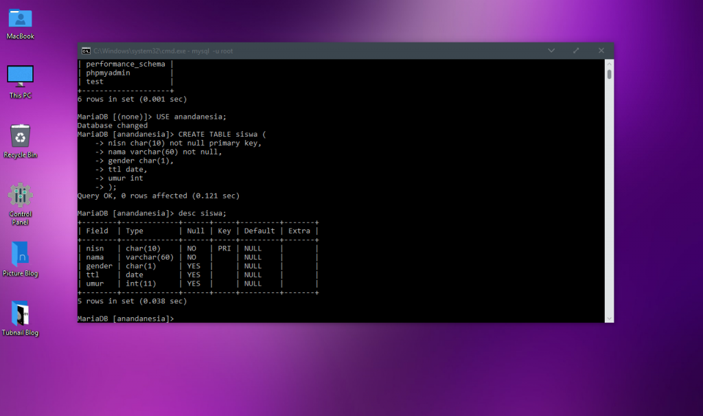 Cara Membuat Tabel (Field) MySQL di CMD